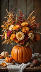 A charming autumn still life featuring a beautifully carved pumpkin used as a vase. Inside, a lush bouquet of seasonal flowers—chrysanthemums, dahlias, and asters—intertwined with golden maple leaves,