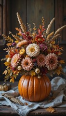 A charming autumn still life featuring a beautifully carved pumpkin used as a vase. Inside, a lush bouquet of seasonal flowers—chrysanthemums, dahlias, and asters—intertwined with golden maple leaves,