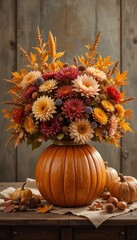 A charming autumn still life featuring a beautifully carved pumpkin used as a vase. Inside, a lush bouquet of seasonal flowers—chrysanthemums, dahlias, and asters—intertwined with golden maple leaves,
