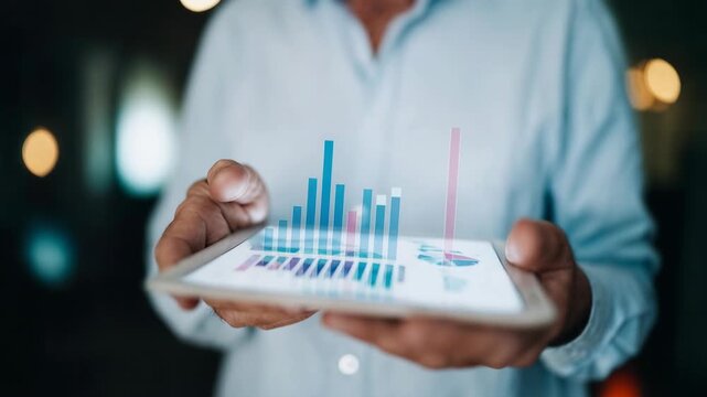 Manager presenting growth charts on a tablet in a bright office, confident hand movements guiding stakeholders toward strategy, collaboration, and measurable results