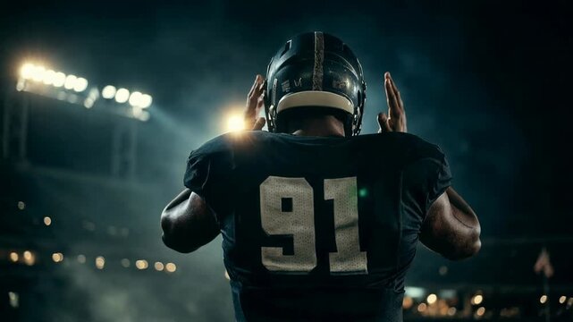 Gridiron warrior number 91 adjusts his helmet before the roar, framed by blazing floodlights and drifting smoke &mdash; a fired‑up pregame ritual loaded with tension, pride, and adrenaline