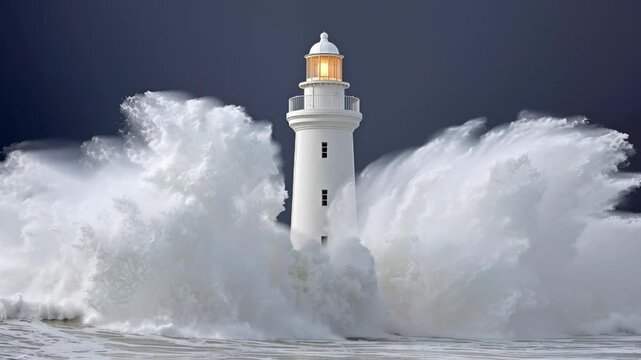 Towering lighthouse stands resilient against crashing waves, illuminated beacon shining brightly, as powerful surf splashes dramatically, showcasing nature's force, camera captures dynamic motion sequ