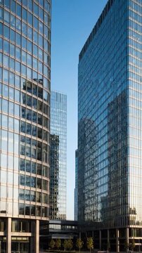 Glazed office towers reflect a clear blue sky in a modern urban setting