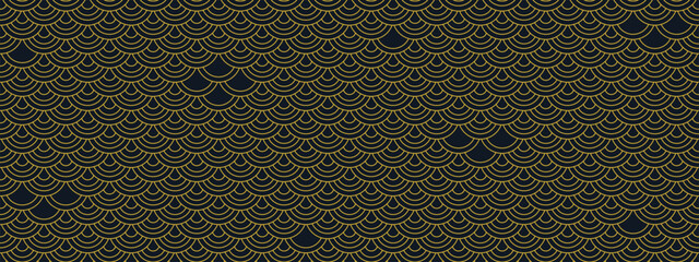 Japanese scale pattern wallpaper featuring golden waves on dark backdrop. Repeating arcs, curves, semicircles form fish scale texture. Vector seamless Asian design © YEVHENIIA