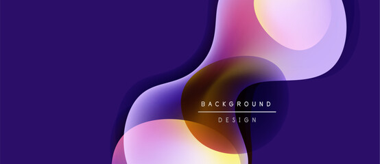 Abstract fluid shapes overlap, creating vibrant color gradients. Dark purple background enhances visual depth, modern design aesthetic.