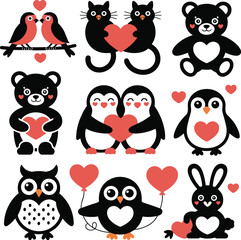 Adorable Cartoon Animals with Hearts for Romantic Gifts and Designs