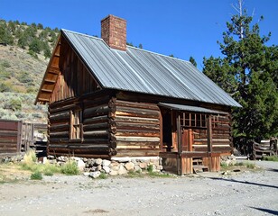 Rustic Log Cabin with Chimney in a Rural Setting.