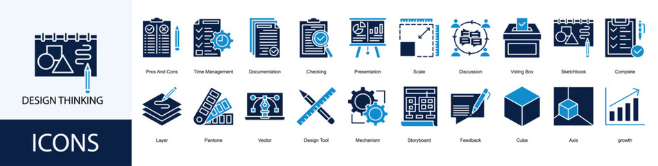 Design Thinking icon collection set. Containing Pros And Cons, Time Management, Documentation, Checking, Presentation icon. Simple line vector