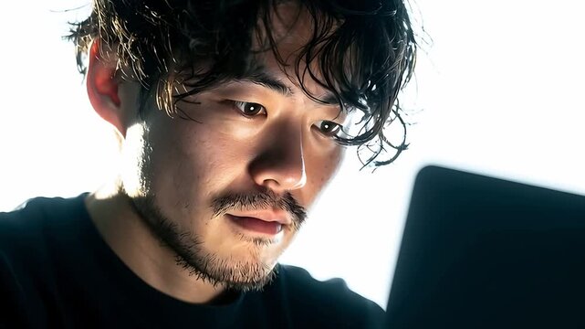 Man working laptop computer coding programming software developer engineer technology online job focus