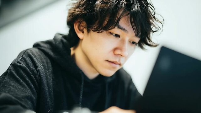 Man working laptop asian student study online education learning technology hoodie focused work