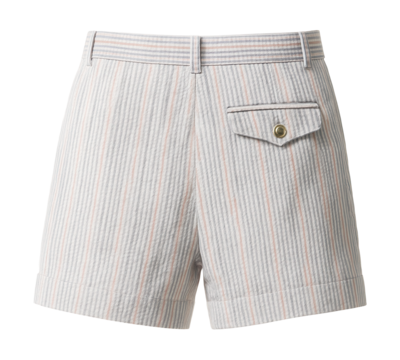 Striped seersucker shorts featuring a back pocket and button accent.
