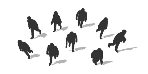 CAD Drawing. Top view of silhouette business people standing and walking isolated on white background. Vector illustration.