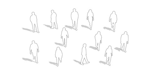 CAD Drawing. Top view of outline diverse people standing and walking isolated on white background. Vector illustration.