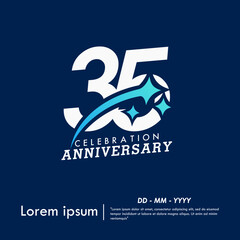 35th years anniversary celebration emblem. anniversary logo with sparkle stars on blue background. vector illustration template design for web banner