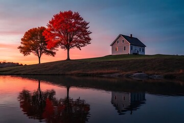 Fototapeta premium Autumn sunset over a rural landscape with reflecting pond