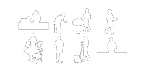 CAD Drawings. Side view of outline cafe workers in various working poses .making coffee, serving customers, carrying trays, cleaning tables, taking orders, and walking. Vector illustration.