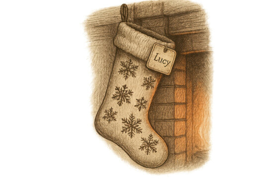 Christmas stocking with snowflake pattern hanging from cozy fireplace mantel, personalized with lucy name tag and sepia tone
