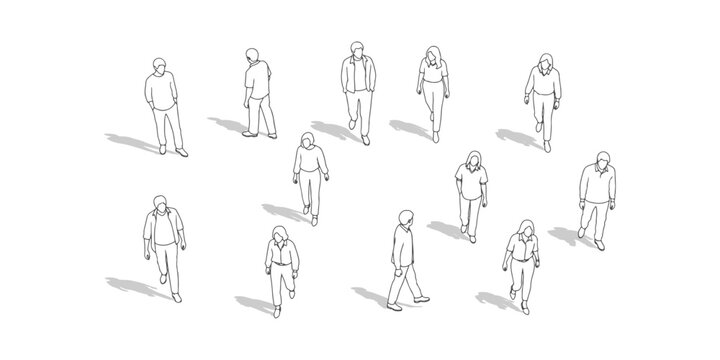 CAD Drawing. Top view of diverse people standing and walking isolated on white background. Vector illustration.