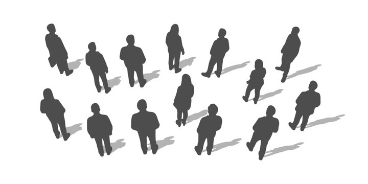 CAD Drawing. Top back view of silhouette diverse people standing and walking isolated on white background. Vector illustration.