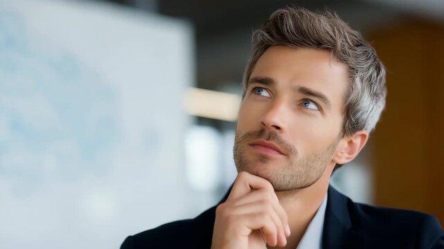 Contemplative young caucasian male in thoughtful pose at office