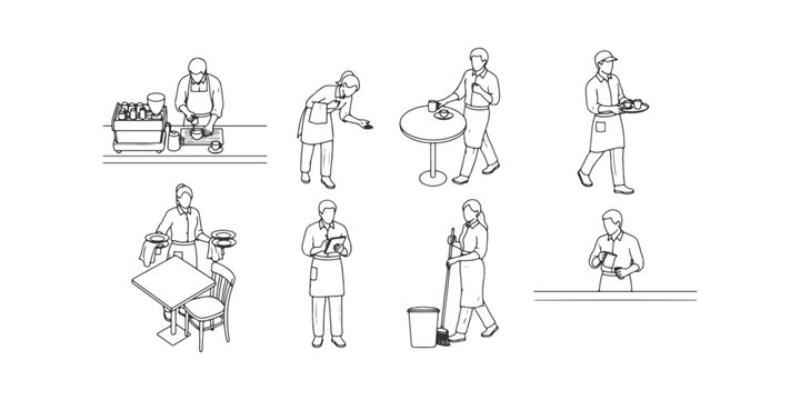 CAD Drawings. Top view of cafe workers in various working poses. making coffee, serving customers, carrying trays, cleaning tables, taking orders, and walking. Vector illustration.