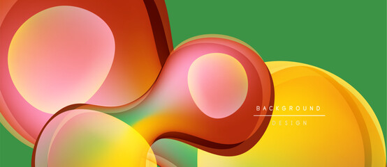 Abstract shapes overlap, creating vibrant color gradients. Green background complements warm tones. Modern design element.