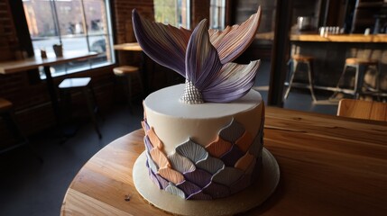 Enchanting mermaid cake with handcrafted tail fins atop wooden table in cozy cafe bakery light and shadow elegance culinary