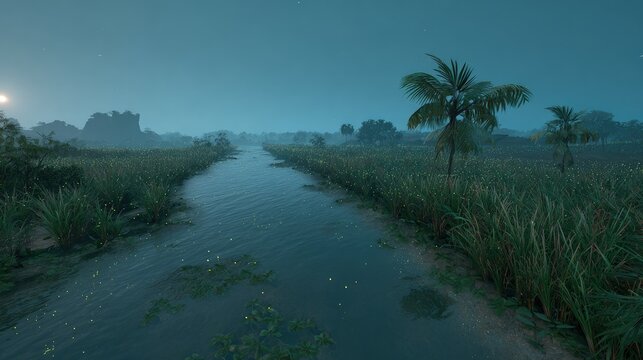 Glowing Plants Along Misty River At Night