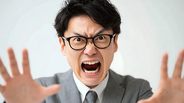 Angry man yelling stop gesture asian business man frustration stress expression negative emotion studio shot