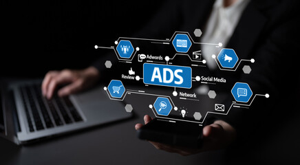 A professional environment showcasing a digital marketing strategy with focus on advertising and social media interactions, utilizing technology for business growth. Tessel