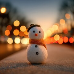 Festive winter snowman adorns an evening avenue with glowing bokeh lights creating a warm and joyful mood