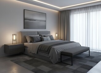 Serene bedroom interior showcasing a modern aesthetic and calming atmosphere, perfect for home decor inspiration and relaxation concepts with soft neutral tones