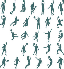 Basketball player silhouette collection, dribbling, shooting, dunking, defending, athletic motion poses, sports icon set, flat vector illustration