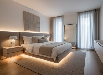 Experience serene comfort in this stylish bedroom with soft lighting, creating a tranquil escape perfect for relaxation and peaceful dreams tonight