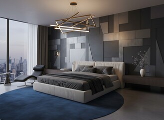 Luxury bedroom suite bathed in soft light with stunning city view, experience modern living in this beautifully designed space for ultimate relaxation