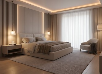 Experience luxurious comfort and modern elegance in this serene bedroom retreat, perfect for inspiring relaxation and peaceful dreams with soft light glow