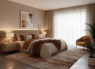Relax in this cozy, modern bedroom with neutral earth tones and warm lighting, perfect for lifestyle and interior design projects showcasing peaceful home decor