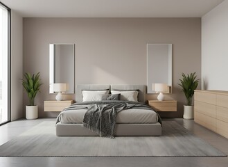 Relax in this modern bedroom interior, styled with a calming neutral palette, plants, and soft textures for a restful escape from the daily grind