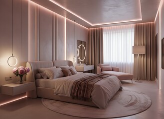 Elegant bedroom interior design showcasing modern lighting, luxurious textiles, and a serene, inviting atmosphere for relaxation and peaceful sleep