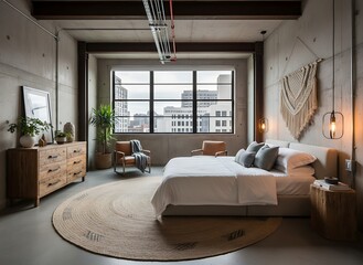 Modern industrial bedroom design with city view for relaxing at home, stylish urban living space with natural light and comfortable furniture for sleep