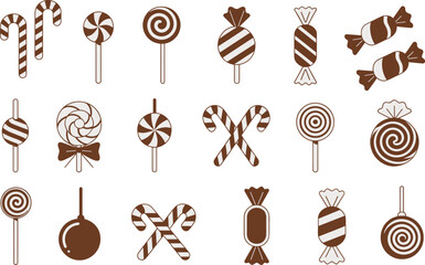 Candy icon collection, swirl, cane, lollipop, wrapped sweets, festive treats, brown and white design set, flat vector illustration