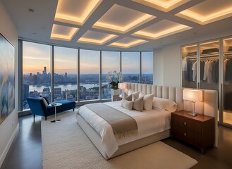 Luxurious penthouse bedroom with panoramic city views at sunset, modern design, and opulent comfort creating an aspirational lifestyle