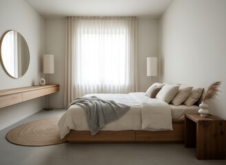 Serene minimalist bedroom sanctuary with natural light, plush bedding, and elegant wooden accents creating a peaceful retreat.