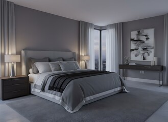 Luxurious modern bedroom sanctuary with stunning city skyline views at dusk, offering ultimate comfort and elegant design for serene living.