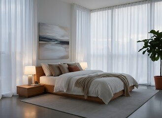 Serene modern bedroom sanctuary featuring a plush king-size bed, ambient lighting, and elegant abstract art, creating a tranquil escape for ultimate relaxation and comfort.