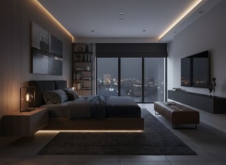 Experience ultimate relaxation in this modern, luxurious bedroom sanctuary featuring a comfortable bed, ambient lighting, and breathtaking city views at night.
