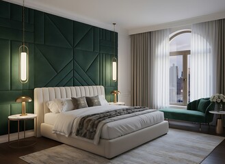 Serene modern bedroom sanctuary awaits, featuring plush bedding, striking geometric green wall, and city views offering ultimate relaxation and luxury