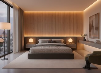 Serene modern bedroom sanctuary with city views, soft ambient lighting, and luxurious comfort creating ultimate relaxation and upscale living.