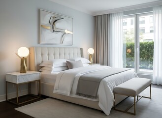 Serene modern bedroom sanctuary bathed in soft natural light, featuring plush bedding and elegant decor for ultimate relaxation and luxury living.