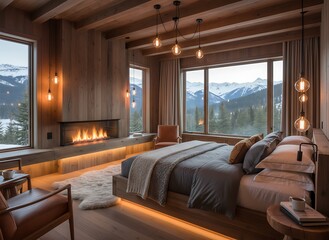 Cozy mountain lodge bedroom with roaring fireplace and breathtaking snowy peak views, offering ultimate relaxation and luxury escape.